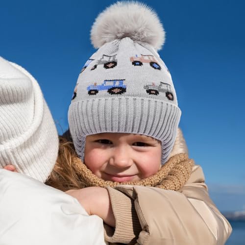 Image of ACTLATI Kids Beanie with Ear Flaps for Boys Girls Pom Knit Hats Fleece Lining Winter Outdoor Skull Snow Ski Cap Age 2-10