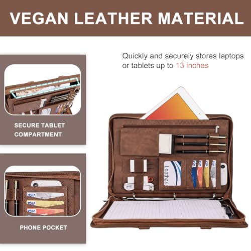 Image of Leathario Portfolio Binder, Includes 5 Folder Index Dividers, 13 Inch Tablets Organizer with Handle, Vegan Leather A4 Padfolio, Multi-Pocket Notepad Business Planner Professional Document