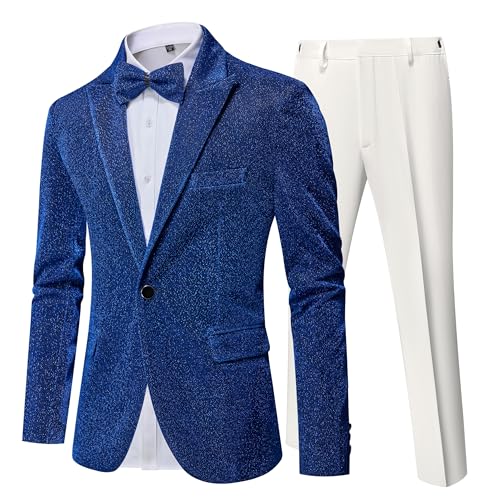 Mens Tuxedo Suits Slim Fit 2 Piece Shiny Suit Jacket Pants Outfit Set