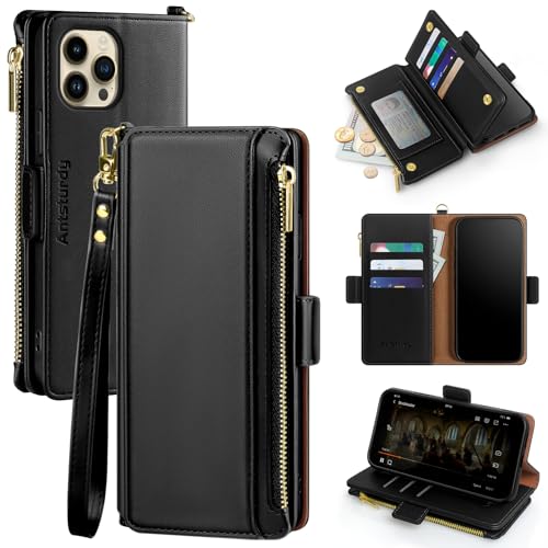 Antsturdy for iPhone 11 Pro Max Wallet case with Card Holder[RFID Blocking] iPhone 11 Pro Max Phone case PU Leather flip Shockproof Protective case Zipper pocket Credit Card Slots Women Men,Black