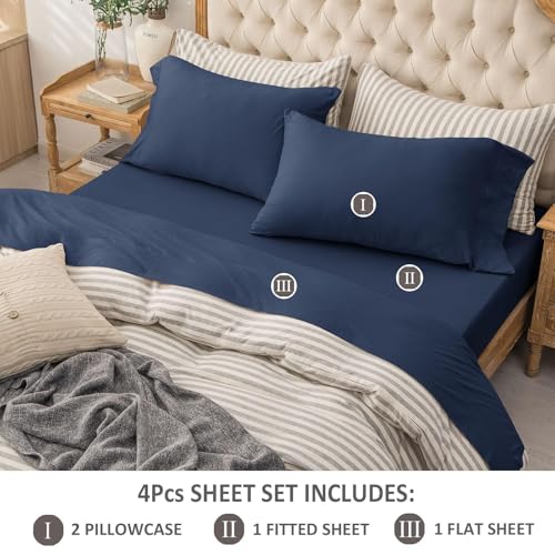 PURE ERA Jersey Knit 4pc Bed Sheet Set 100% T-Shirt Cotton Super Soft Comfy Breathable Fits Mattress Up to 20" Extra Deep Pocket (Solid Navy Blue, King)