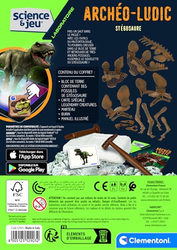 Clementoni | Coffret Stégosaure 7 Ans + | Laboratoire Archéo Ludic | Creuse Le Bloc de Terre | Fossile Os Emboitables | Manuel Illustré, Carte et Outils | Fabriqué en Italie | Cadeau pour