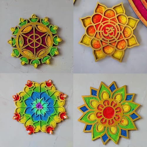 Image of TOTA Rangoli Stencils - 6x6 inch Set of 4 MDF Rangoli Colour Stencils | Reusable 3D Rangoli Mats for Diwali Home Decoration Navratri Pongal Onam Chhat Puja