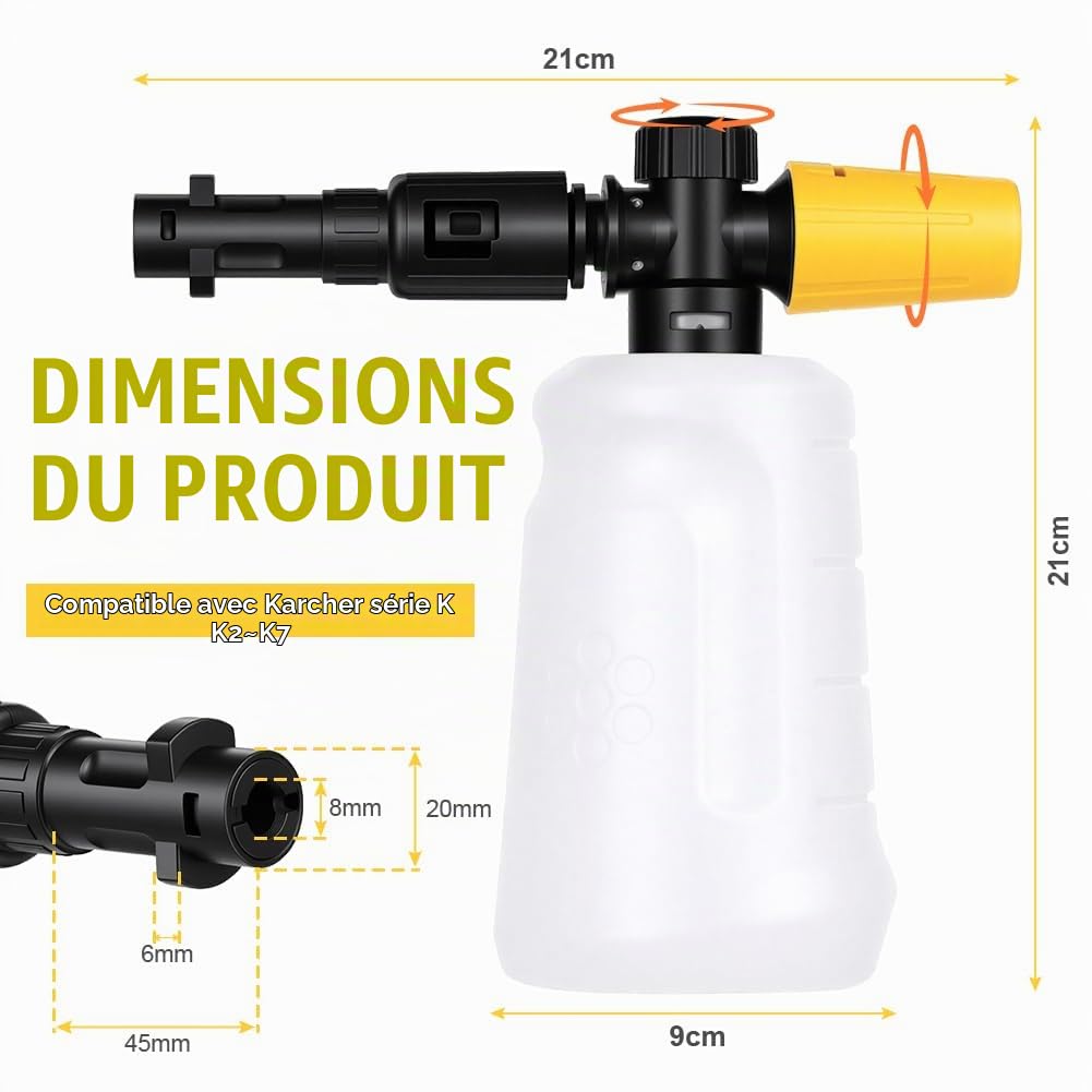 HOTUT Lance à Mousse Neige pour Nettoyeur Haute Pression, 700ml Canon à Mousse, Distributeur de Savon Epais, avec Buse de Pulvérisation Réglable,pour Karcher K Series K2 K3 K4 K5 K6 K7
