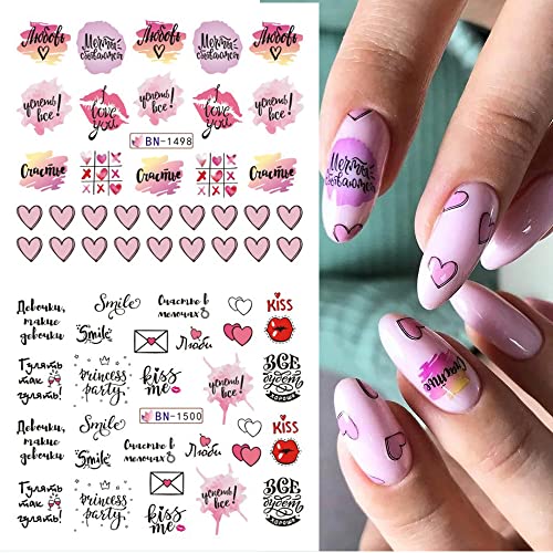 Valentine's Day Nail Art Stickers, Heart Love Nail Art Water Decals Transfer Nail Supplies Sexy Lips Xoxo Love Kiss Heart Letter Design Sticker For Women Girls Kids Acrylic Nails Decorations #TOP5