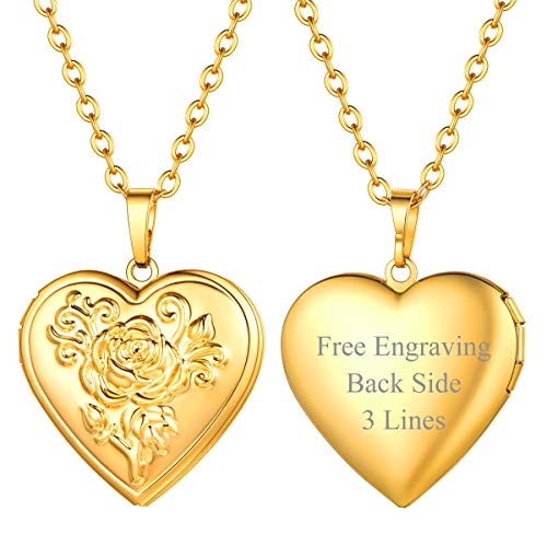FOCALOOK Pendentif Médaillon Femme Personnalissable Plaqué Or Collier Porte Photo Coeur Doré avec Motifs Fleurs Chaîne Fine 2,5mm/50cm Bijoux Fashion...