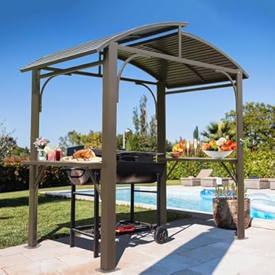 Fefances 8x5FT Arc-Shaped Grill Canopy with Double Galvanized Steel Roof & 2 Side Shelves: Outdoor BBQ Gazebo Tent for Patio, Garden & Backyard Grilling?Brown