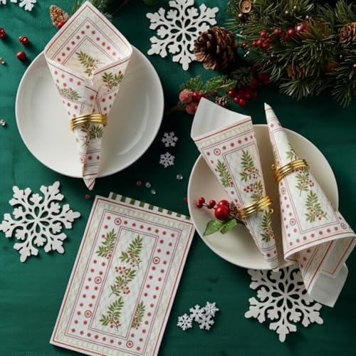 Festive Napkins Set, 100 Piece Cotton Collection, Red Green Gold Mistletoe Pattern Reusable Cloth Table Dinner Napkins, Elegant Party Tableware for Kitchen Dining Room Celebration or Gift