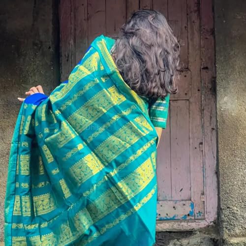 Image of DHIHA Gadwal Cotton Saree for Women | Pure Kalyani Cotton Saree with Zari Border Tassels & Blouse | Kanjivaram Linen Silk | Handloom Weave