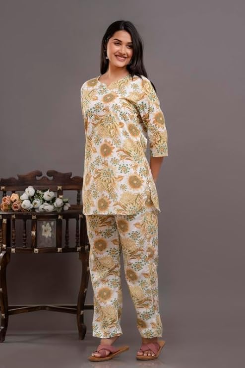 Image of Pure Cotton Printed Night Suit Set | Top Pyjama Set for Women | Night Dress of Kurta Pyjama Set for Women | Kurta Top Set
