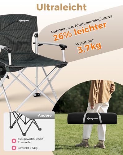 Aufgebauter KingCamp Faltstuhl mit Armlehnen und Becherhalter - Detailansicht von KingCamp Campingstuhl Faltbar Leicht –...