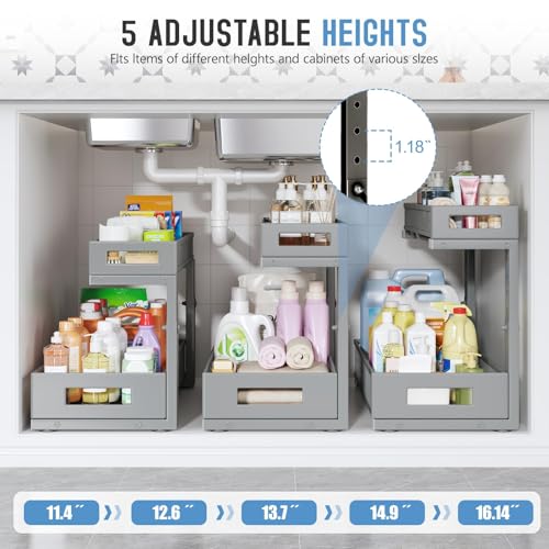 Image of 1 Pack 17IN Depth Under Sink Storage Organizer, Large 2-Tier Elegant Mesh Pull Out Shelf for Kitchen and Bathroom Cabinet Organization, L-Shaped and Adjustable Height Design-Gun Gray