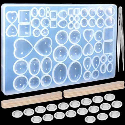 LEOBRO Cabochons Gem Jewelry Silicone Casting Mold for Resin Epoxy, Jewelry Resin Molds, with Stirrer, Finger Cot & Tweezers, Epoxy Molds, Silicone Molds for Epoxy Resin, DIY Jewelry Molds, 30 Styles
