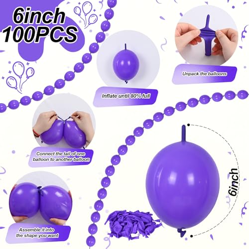 Image of Purple Quick Linking Balloons, 100PCS 6 Inch Purple Link Balloons for Making Balloon Wall Heart Arch, Tails Balloon for Birthday Wedding Baby Shower Carnival Kpop Mermaid Princess Party Decorations