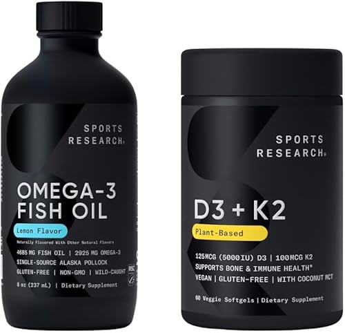 Sports Research Paquete - Aceite de pescado Omega-3 4685mg + D3 vegano 5000iu con vitamina K2 100mg