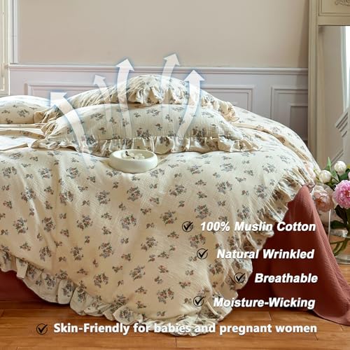Image of VM VOUGEMARKET Cotton Muslin Duvet Cover Queen Shabby Chic Floral Bedding Set with Ruffles,Soft, Breathable Linen Like Gauze Comforter Cover with Zipper Closure