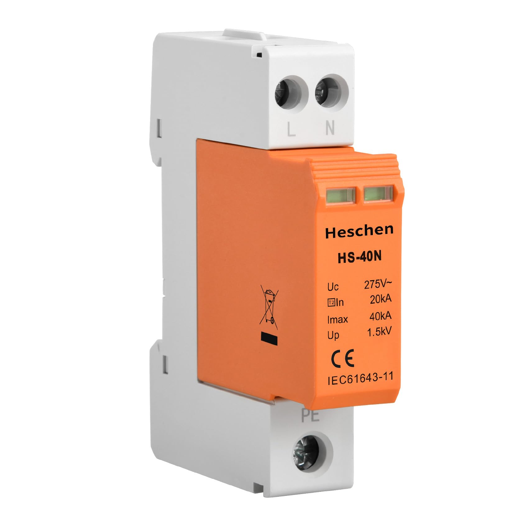 Heschen Surge Protective Device SPD, HS-40N, 275VAC 20KA, 2P, Fire-Proof, Low-Voltage Arrester, 35mm DIN Rail Mounting