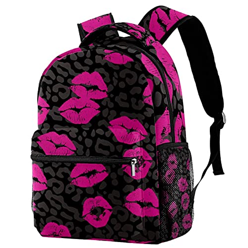 Sac à dos campus motif lèvres rosées gris et noir avec porte-bouteille pour fille et garçon