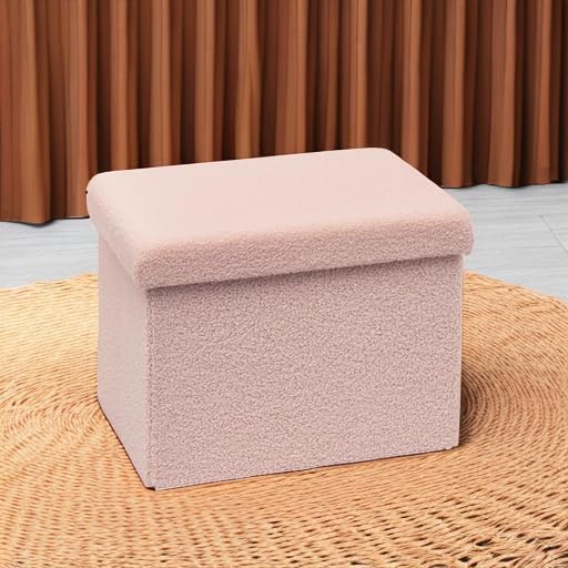B FSOBEIIALEO Storage Ottoman Cube Small Sherpa Ottoman Foot Rest, Foldable Portable Boucle Ottomans, Faux Teddy Fur, Pink 16.5"x12.6"x12.6" - Image 6