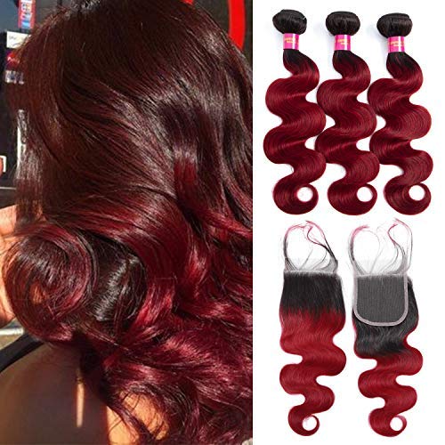8A Ombre Human Hair Bundles 3 Bundles with Lace Closure Color 1B/Burg Ombre burgundy Brazilian Virgin Human Hair Body Wave Hair Weaves Extensions (16 18 20+18 Closure)