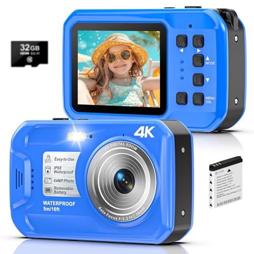 4K Underwater Camera, 64MP 16FT Waterproof Digital Camera with 32GB Card, Autofocus Floatable Waterproof Camera with IPS HD Screen, 16X Digital Zoom, Fill Light, for Snorkeling, Surfing, Swimming