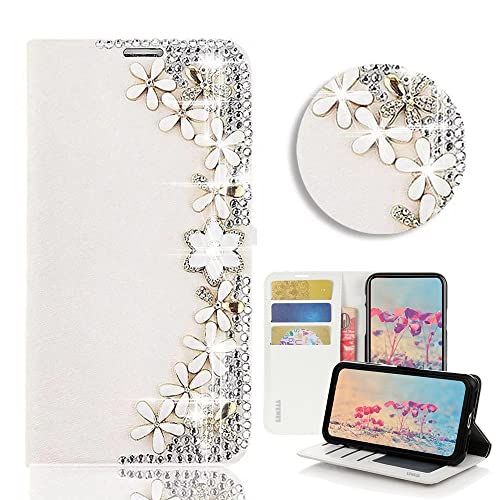 STENES Bling Wallet Phone Case Compatible with iPhone 12 6.1 inch 2020 Case - Stylish - 3D Handmade Flowers Flowers Design Magnetic Wallet Stand Leather Cover Case - White