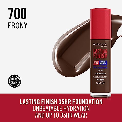 Rimmel Lasting Finish 35Hr Foundation 700 Ebony, Full Coverage, Hydrating, SPF20, Hyaluronic Acid, Vitamin E, 2% Niacinamide - Image 2