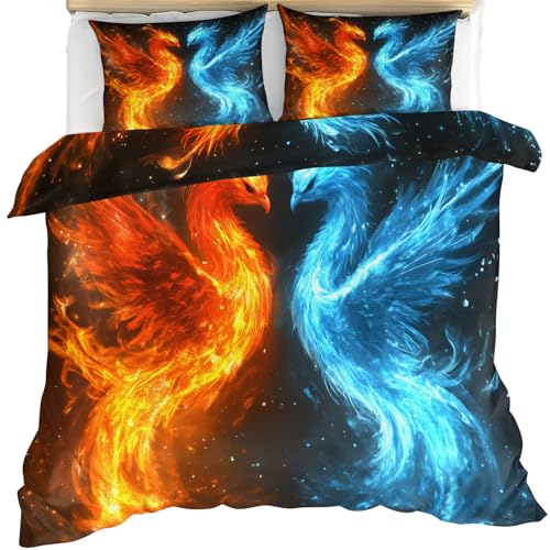 FBRUIEG Phoenix Bedding Set King Size 3 Piece, Mythical Creatures Duvet Cover Set, Ice and Fire Comforter Cover and 2 Pillow Sham with Zipper Closure 90" x104"