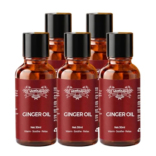 Moebuiti Ginger Oil, Ginger Oil Lymphatic Drainage Massage, Ginger Essential Oil for Swelling and Pain, Hair, Massage, Skin, 5PACK Ginger Essential Oil with English User Manual
