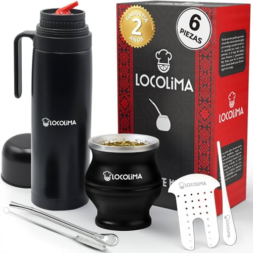 LOCOLIMA Kit Mate Argentino 6 Piezas, Termo Mate 1L con Pico Cebador, Acero Inoxidable Doble Pared, Vaso Térmico 230 ml, Bombilla, Limpiador, Separador de Yerba y Prensador, el Auténtico Set de Mate