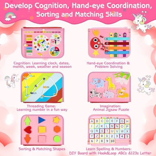 Image of SHINETOY Montessori Busy Board Activity Book, Pink, Educational Learning Toy, Fine Motor Skills Development, Cognition and Hand-Eye Coordination, Portable Travel Toy with Handle, Fairy Pink