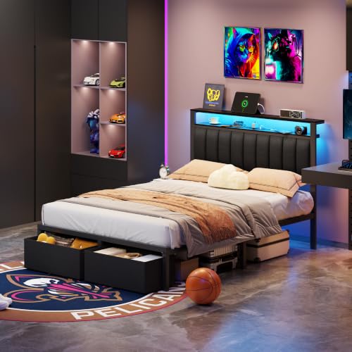 Image of Furnulem Full Size Bed Frame with Storage Drawers and Upholstered Headboard