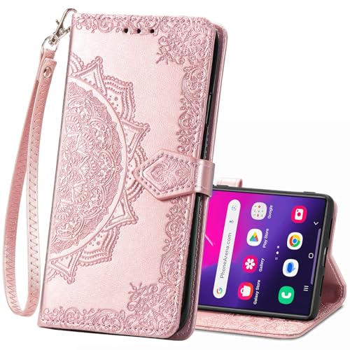 Wallet Case for Samsung Galaxy S24 Ultra,Flip Case PU Leather Emboss Mandala Flowers Wrist Strap Folio Card Slots Magnetic Kickstand Protective Phone Cover for Samsung Galaxy S24 Ultra Rose Gold