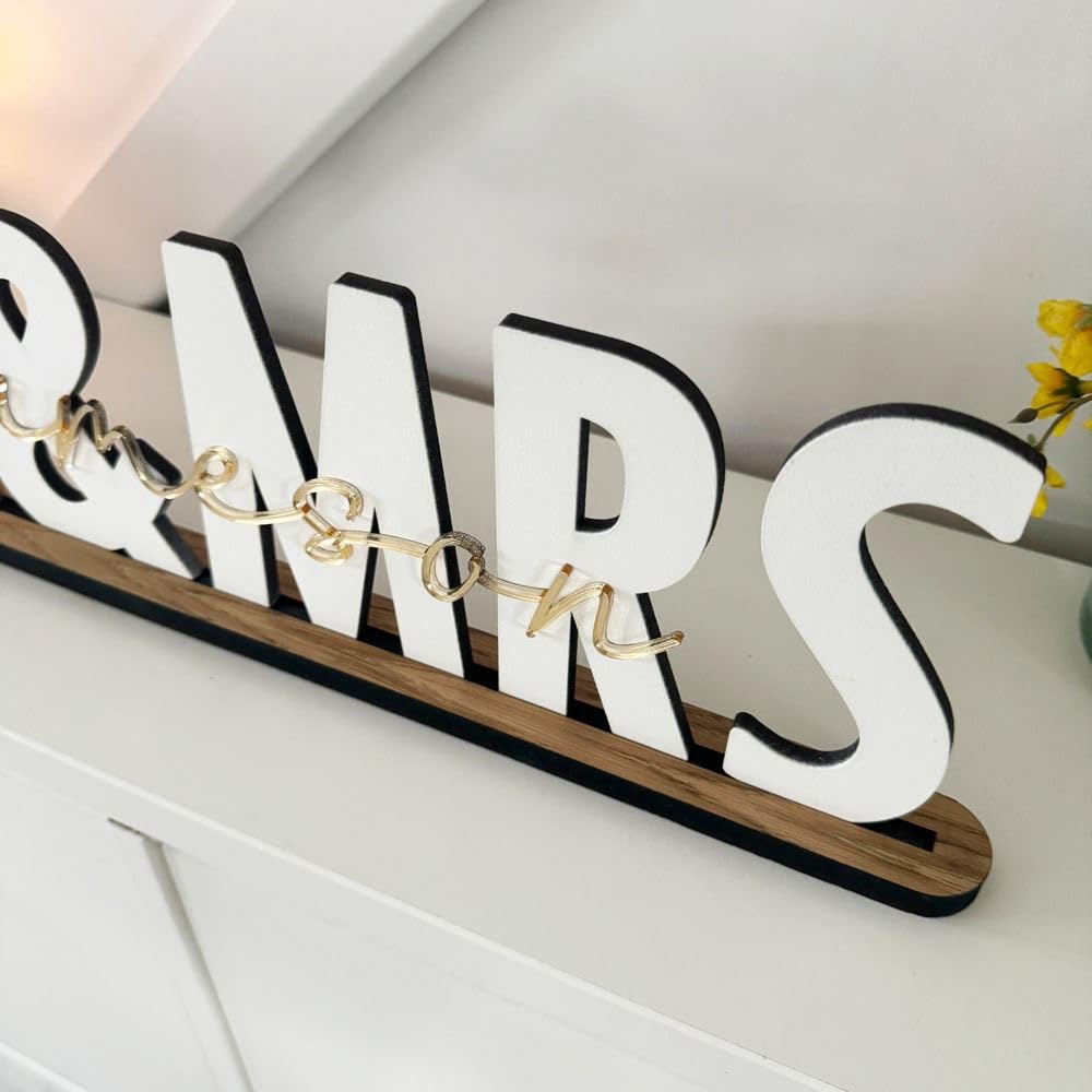 Luck And Luck Personalised Wedding Surname Sign With Stand, Wooden Top Table Mr Mrs Sign With Acrylic Surname, Wedding Name Signs, Table Decoration