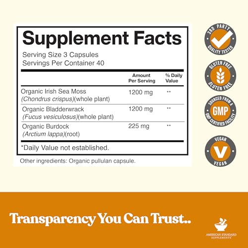 American Standard Supplements Organic Sea Moss, Bladderwrack & Burdock Root Capsules - 1200mg Seamoss, 1200mg Bladderwrack, 225mg Burdock Root Per Serving - 120 Capsules, 40 Servings - Image 4