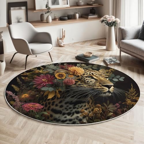 Tapis rond léopard gris foncé grand format lavable pour salon