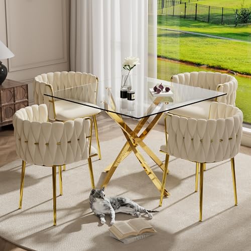 HAIZAO Golden Glass Dining Table Set for 4, 5 Piece Clear Glass Top Dinner Room Set, 36'' Modern Luxury Square Kitchen Table Set with Ivory Woven Chair, for Small Living Room Home