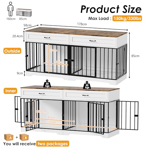 Hundekäfig für Zuhause, Hundebox Indoor für 2 Hunde Extra groß Hundekäfig Möbel XXL Stabile Hundehütte mit Trennwand & 2 Schubladen Moderne Hundehaus Indoor 4 Türen für große Hunde, Bis zu 100KG
