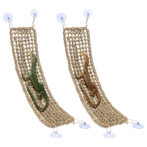 Nodaaiie 2 Pcs Bearded Dragon Hammock Reptile Lounger, Natural Seagrass Climbing Habitat Decor with Jungle Theme for Lizards, Geckos, Snakes, Iguanas, Amphibians and Terrarium