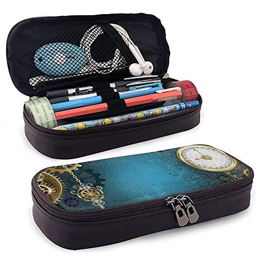Estuche retro steampunk con reloj dorado de piel sintética para lápices, para la escuela, oficina, monedero, cosméticos, neceser de maquillaje