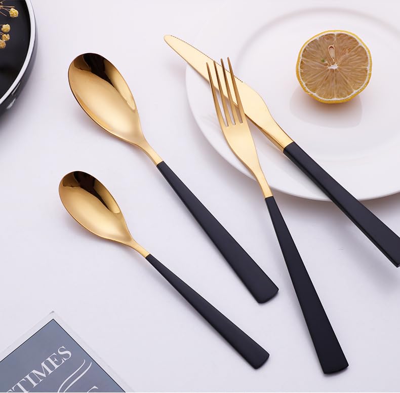 ONUIFIKE Silverware Set, 4/16/24/32/40/48 Pcs Stainless Steel 304 Steak Knife, Fork And Spoon Four-piece Set Hotel Household Tableware Dessert Spoon, Home Cutlery Flatware Set(Black Gold,32 Pieces fo