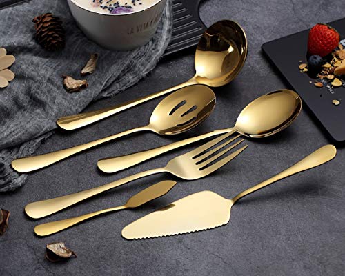 6-Piece Gold Serving Flatware Set - Stainless Steel Utensil Set, Includes Cake Server, Slotted Spoon, Serving Spoon, Meat Fork, Butter Knife, Soup Ladle