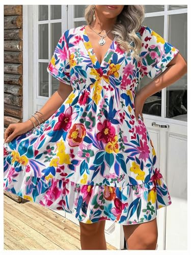 Image of Floerns Women's Plus Size Summer Vacation Wrap V Neck Short Sleeve Ruffle Hem A Line Hawaiian Short Dress