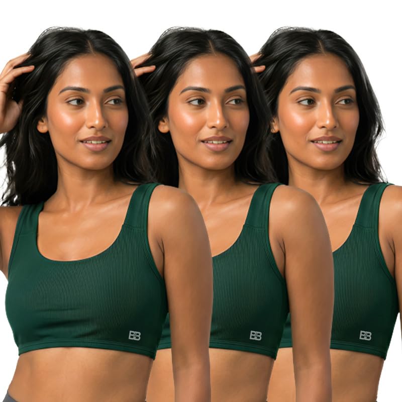 Ladies Cotton Blend Workout Sports Bra Wire Free Pad Insert U Neck Training Yoga Running Bra Medium Support (Pack of 3) Green-image-11