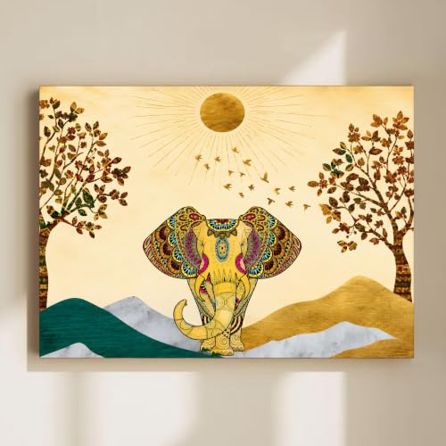 Image of PAINTINGMANTRA istic Elephant Theme Multicolored 1 Stretched Canvas Painting, Outer Size-16x22 Inch