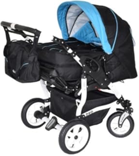 Adbor Duo 3in1 Zwillingskinderwagen mit Babyschalen - weißes Gestell, Zwillingswagen, Zwillingsbuggy Farbe Nr. 32w schwarz/himmelblau