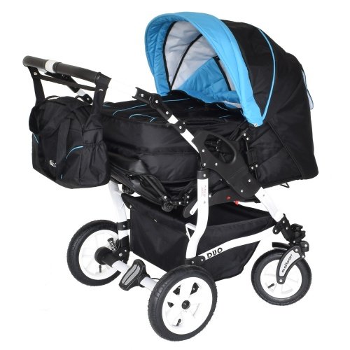Adbor Duo 3in1 Zwillingskinderwagen mit Babyschalen - weißes Gestell, Zwillingswagen, Zwillingsbuggy Farbe Nr. 32w schwarz/himmelblau