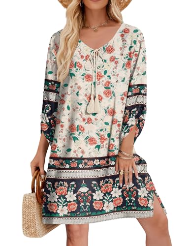 Image of Zeagoo Womens Boho Dresses Casual Beach Summer Dress Tassel Tie Neck 3 /4 Long Sleeve Mini Sundress 2026 Floral Print Cover Up
