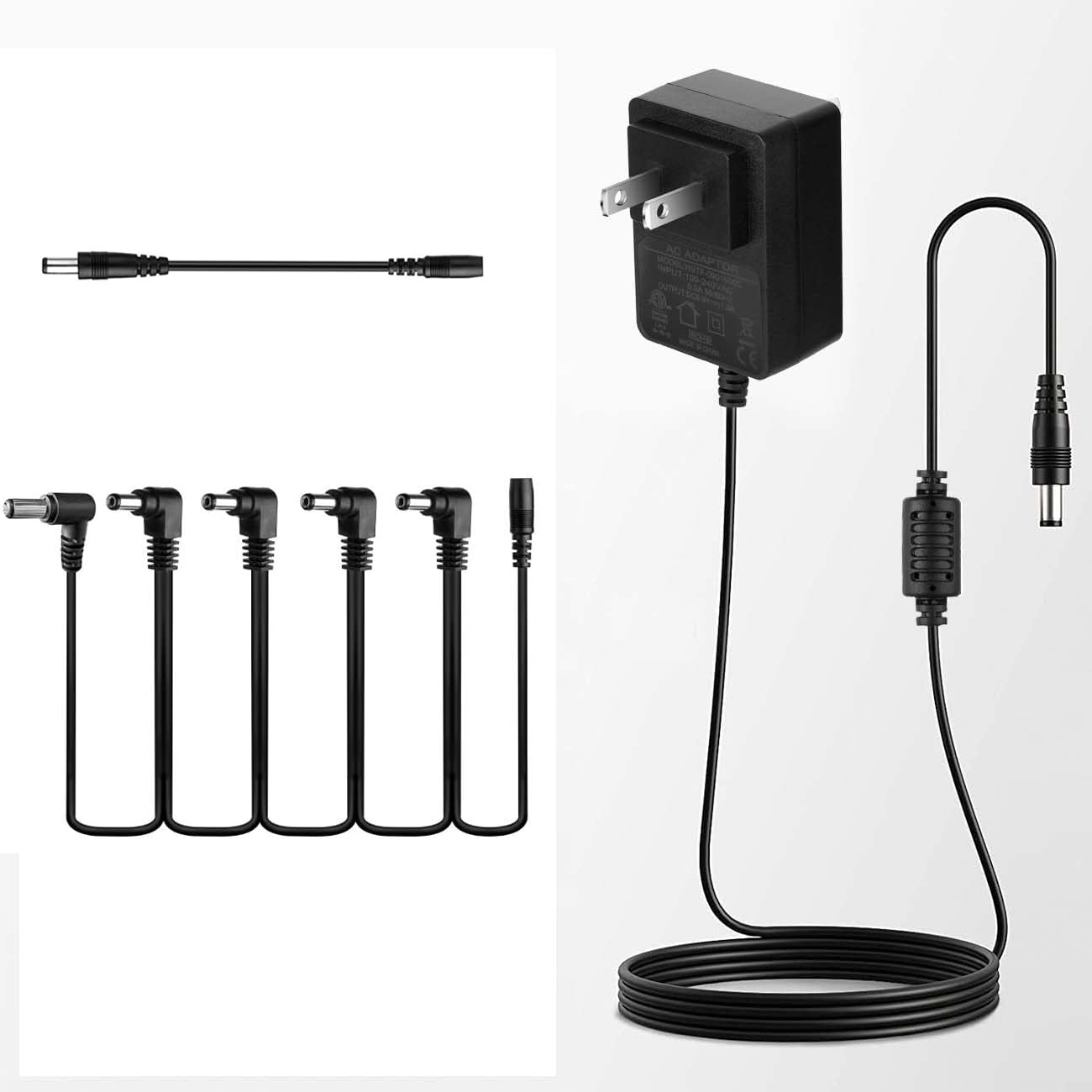 Caline DC 9V Guitar Pedal Power Supply,1A Pedal Board Power Supply Cord with 5 Way Daisy Chain for Guitar Bass Effect Pedal(Tip Negative)