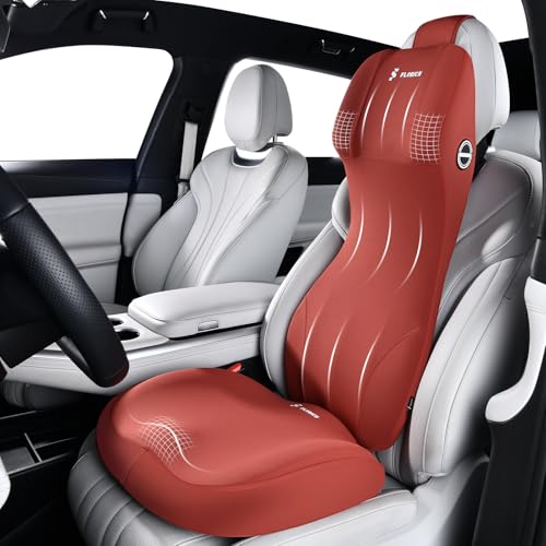 Image of FLORICH Memory Foam Car Seat Cushion and Integrated Neck Pillow Lumbar Support Ergonomic Seat Cushion Breathable Back Support Headrest for Truck Driver Long Driving Sciatica Tailbone Pain Relief, Red
